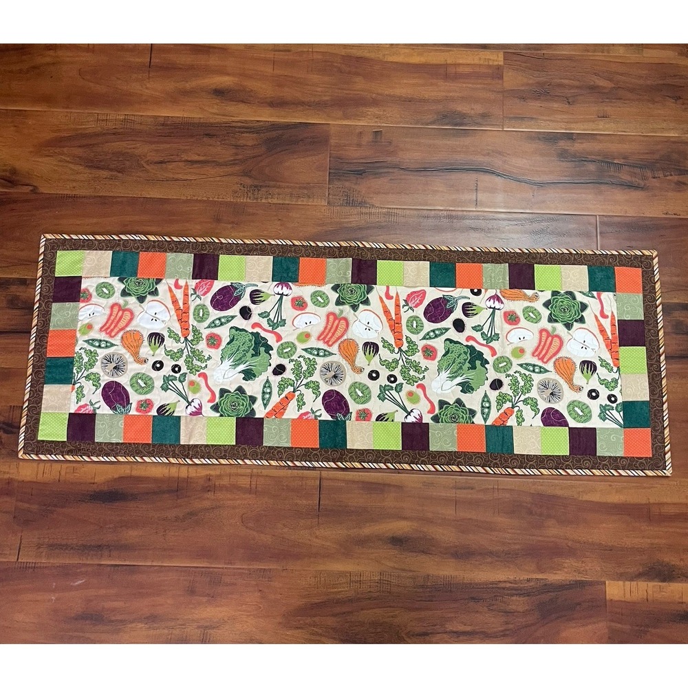 Handmade Quilted Table Runner Fruits & Veggies 16"x45" Vegetarian Vegan Healthy